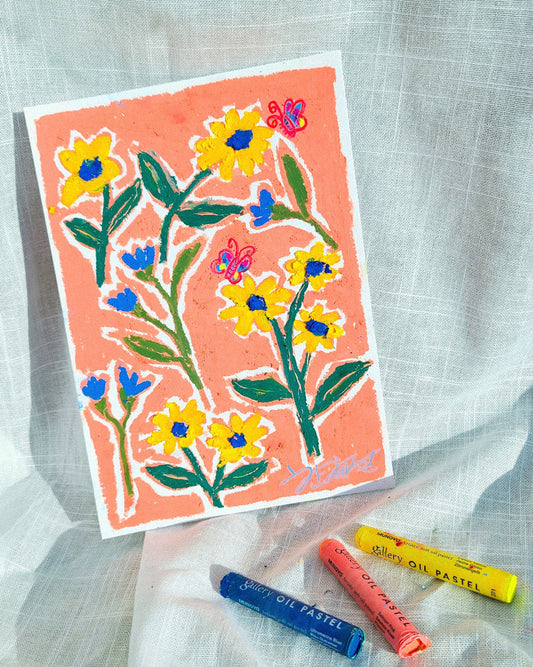 art print - flowers & butterflies in coral